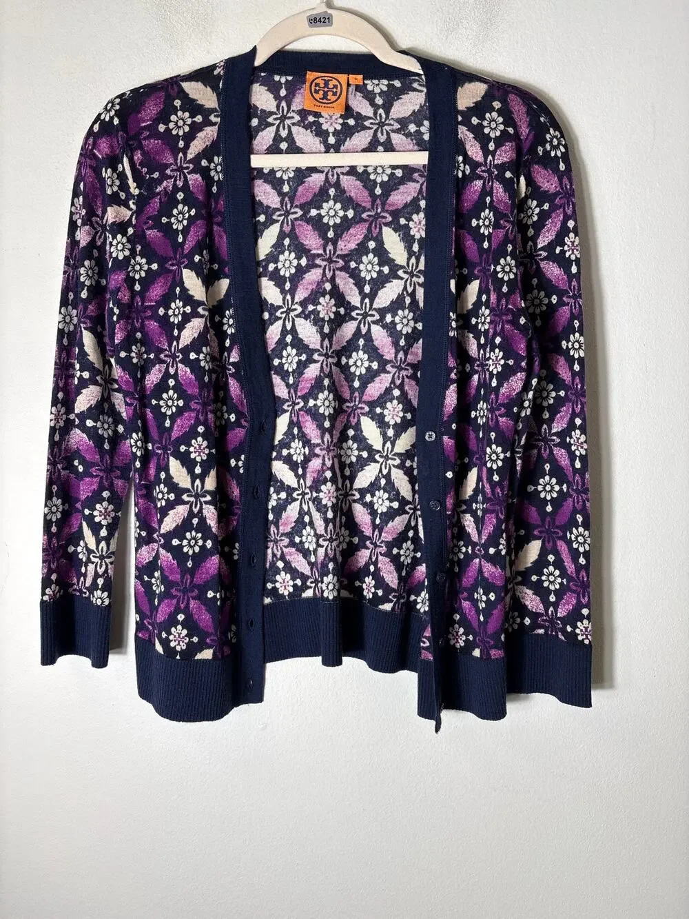 Tory Burch Purple Off White Long Sleeve Wool Cardigan Sz M